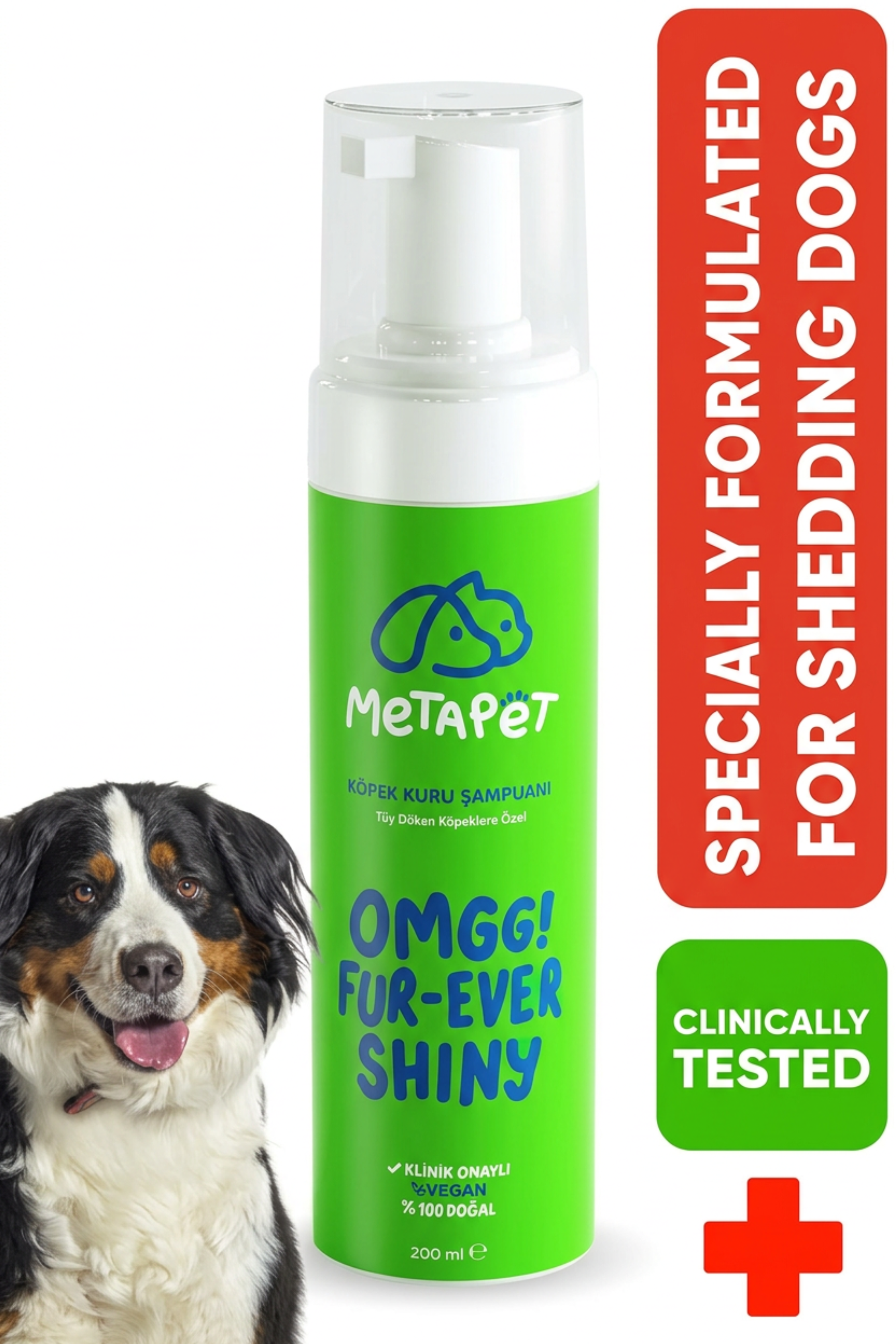 MetaPet anti-shedding dry foam shampoo for dogs, shiny coat care bottle