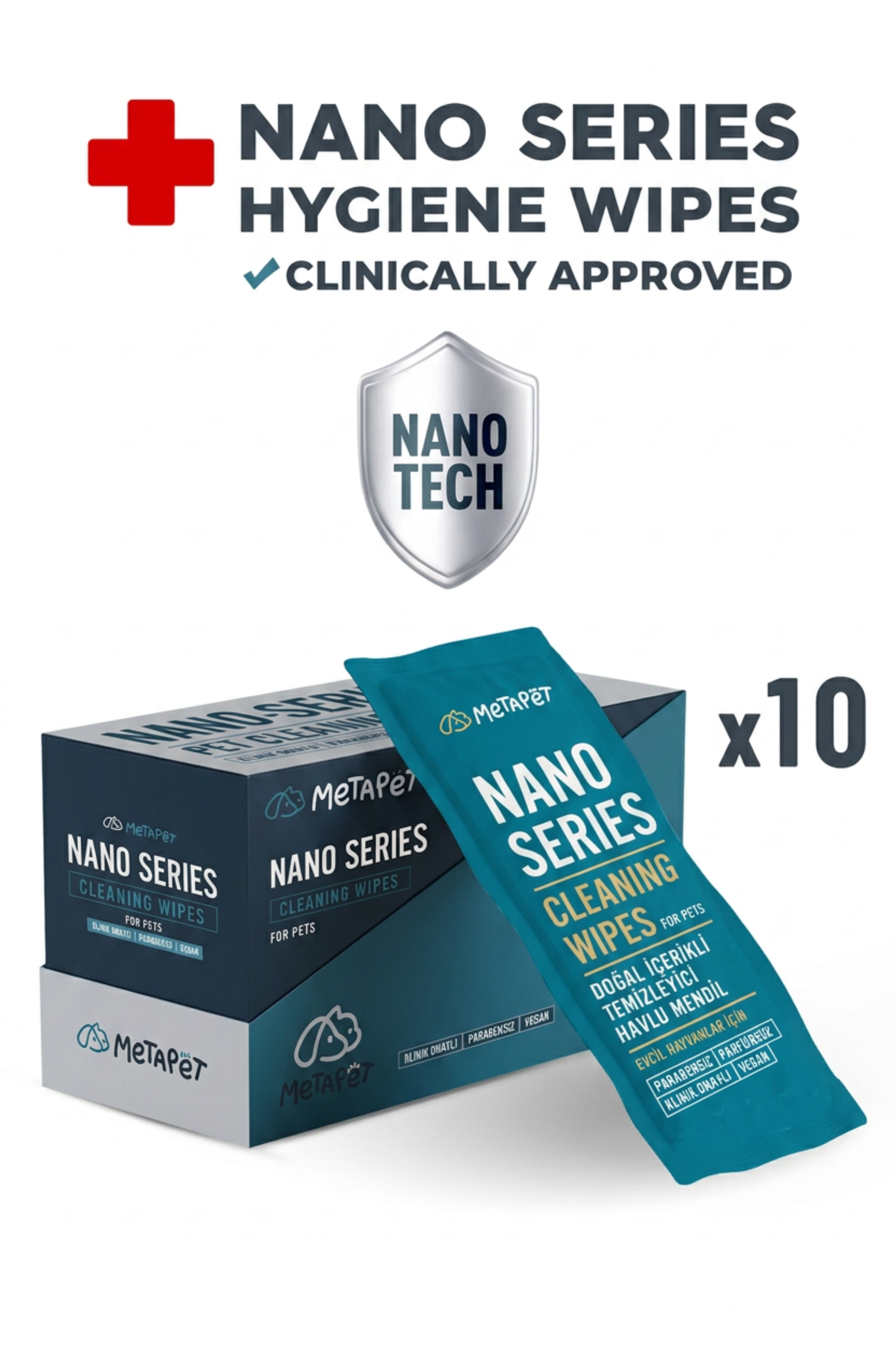 MetaPet Nano Silver hygiene and care towel wipes for cats and dogs, 10 wipes