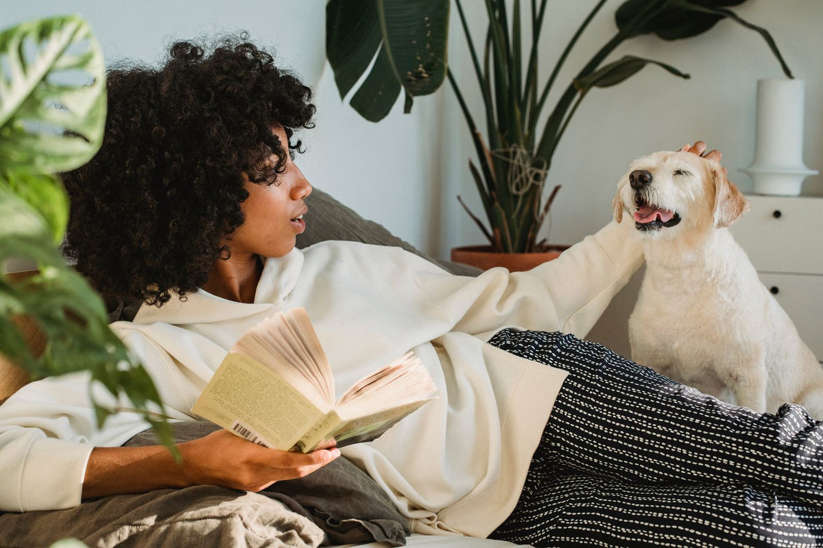 A woman reading a book on a bed beside a relaxed golden retriever dog