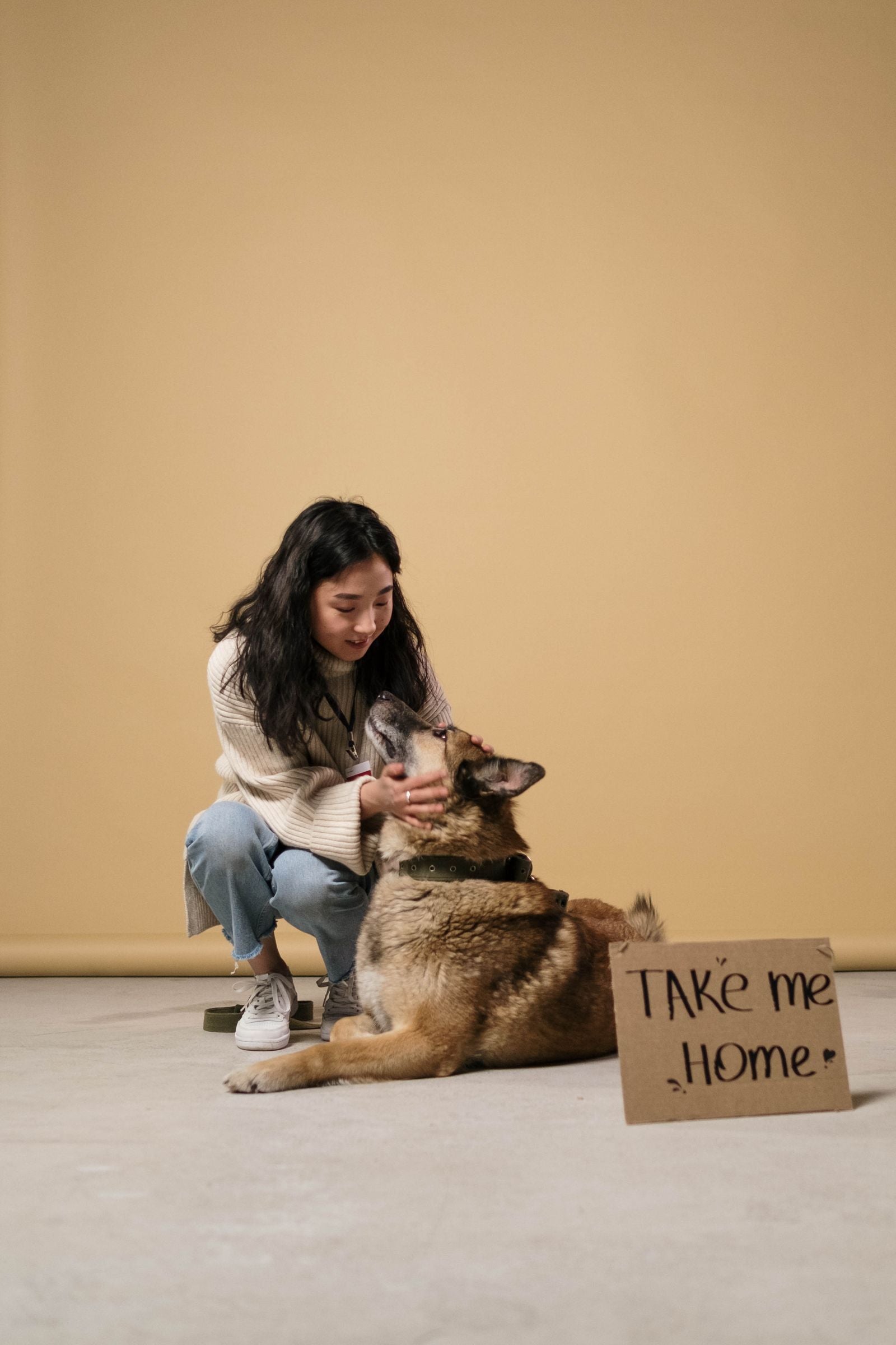 Woman crouching beside a dog next to a cardboard sign reading take me home