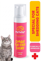 MetaPet anti-shedding waterless dry foam shampoo for cats, shiny coat care bottle