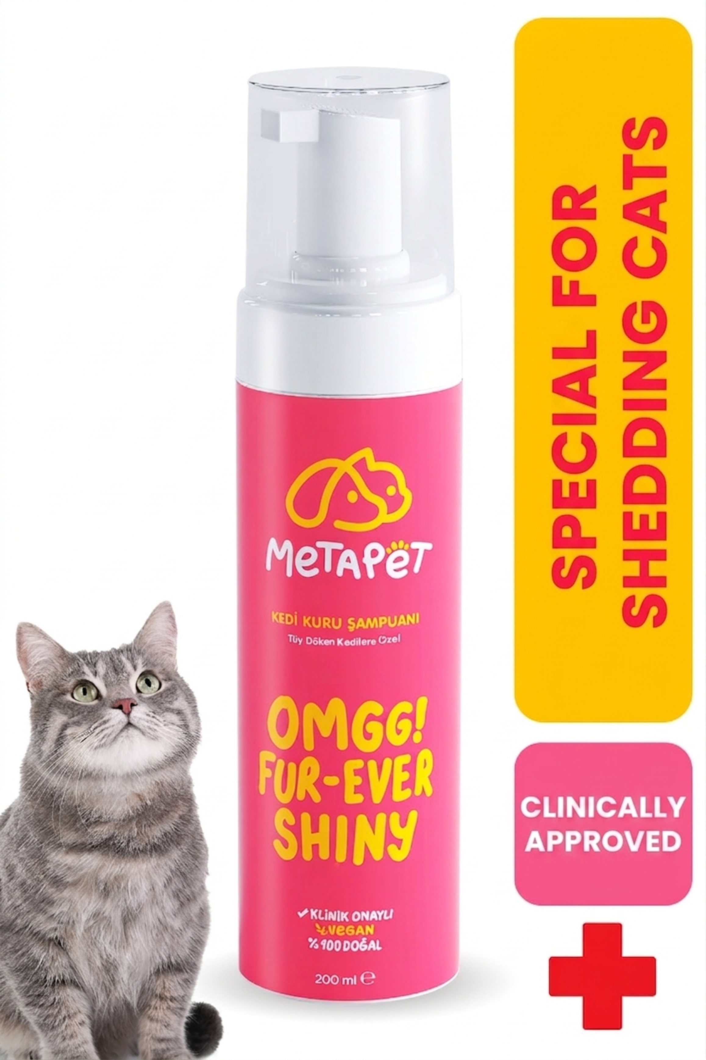 MetaPet anti-shedding waterless dry foam shampoo for cats, shiny coat care bottle