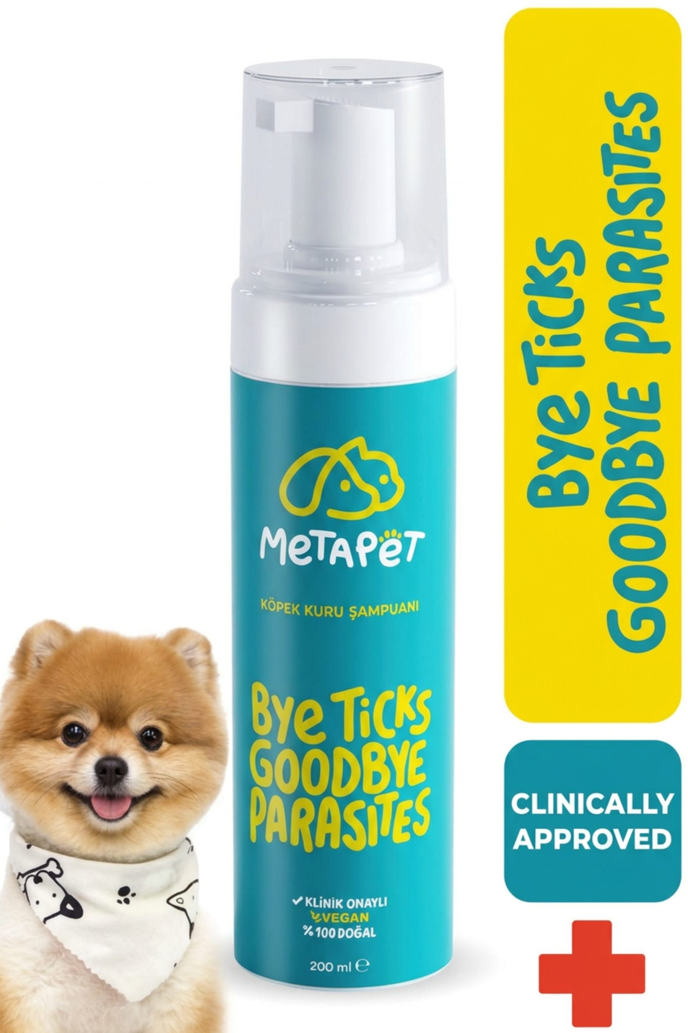 MetaPet flea and tick dry foam shampoo for dogs, waterless parasite care bottle