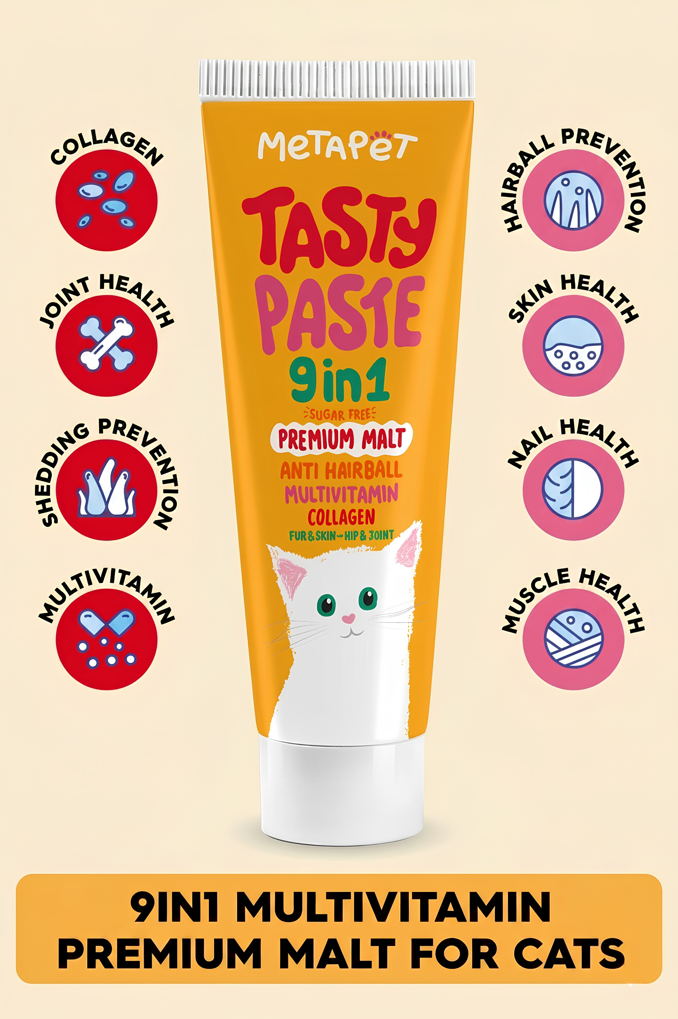 MetaPet Tasty Pasty 9-in-1 premium malt paste supplement for cats, tube